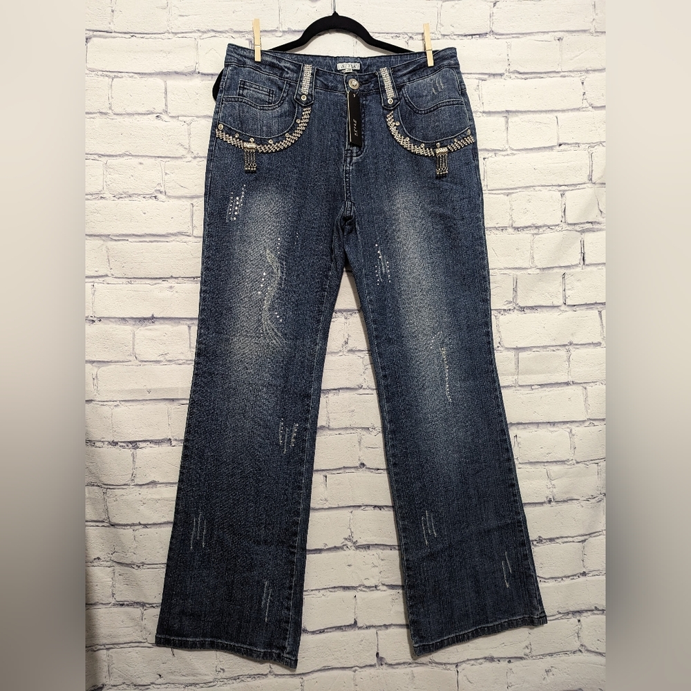Style NY Paris Bling Denim Studded Gems Flare Wide Leg Jeans Women's Size 8 NWT